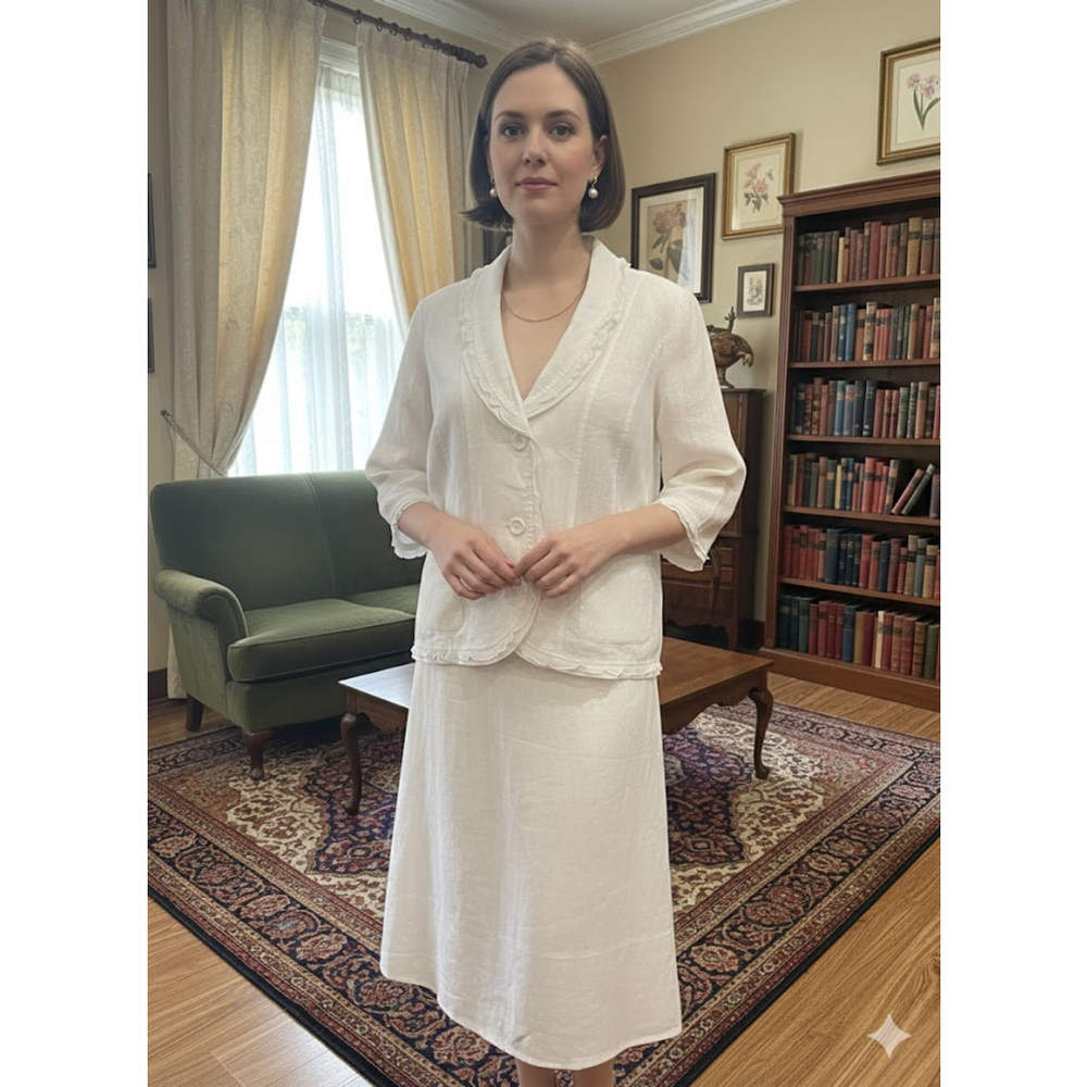 Kim Rogers Petite Linen Skirt Set White Ruffle Blazer Midi Skirt PL - Picture 2 of 16